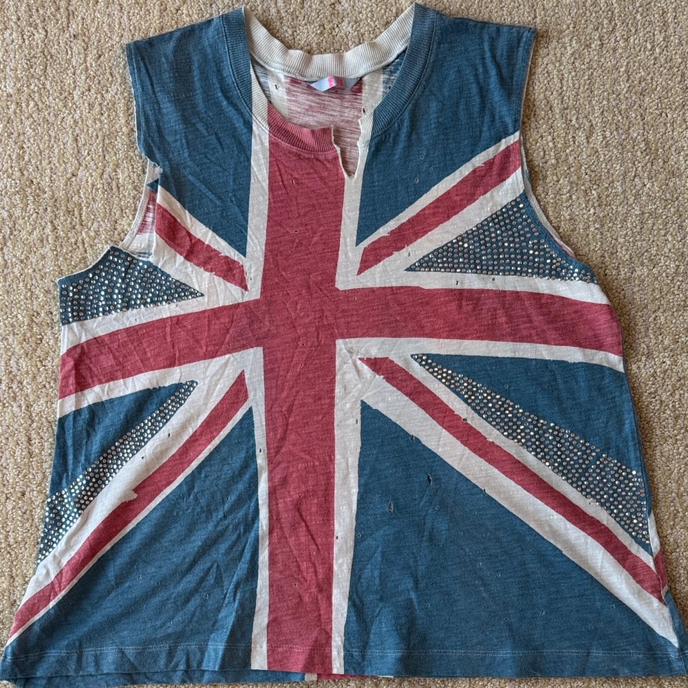 Sass & Bide Union Jack Embellished Muscle Tee Destroyed Look